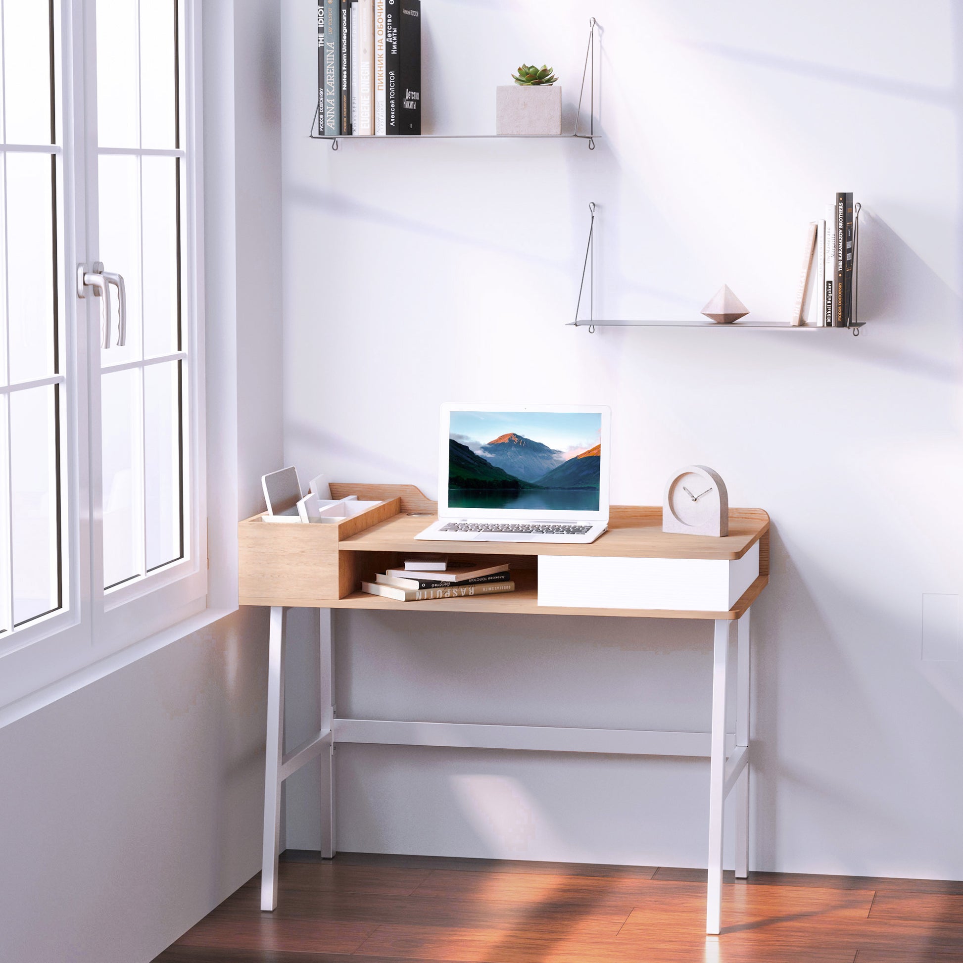 HOMCOM Computer Desk, Writing Study Desk, MDF, 100Lx55Wx 81.5H cm-Oak/White Colour 