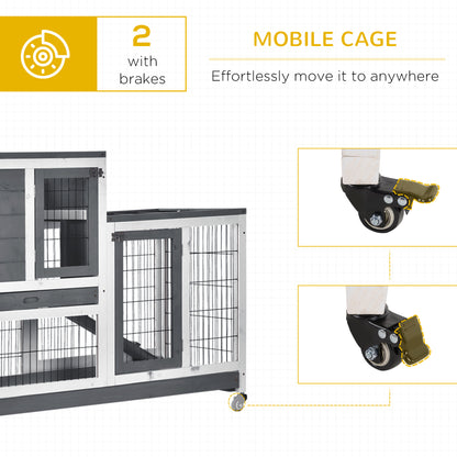 Wooden Indoor Rabbit Hutch Elevated Cage Habitat with Enclosed Run w/Wheels, Ideal for Rabbits and Guinea Pigs, Grey and White