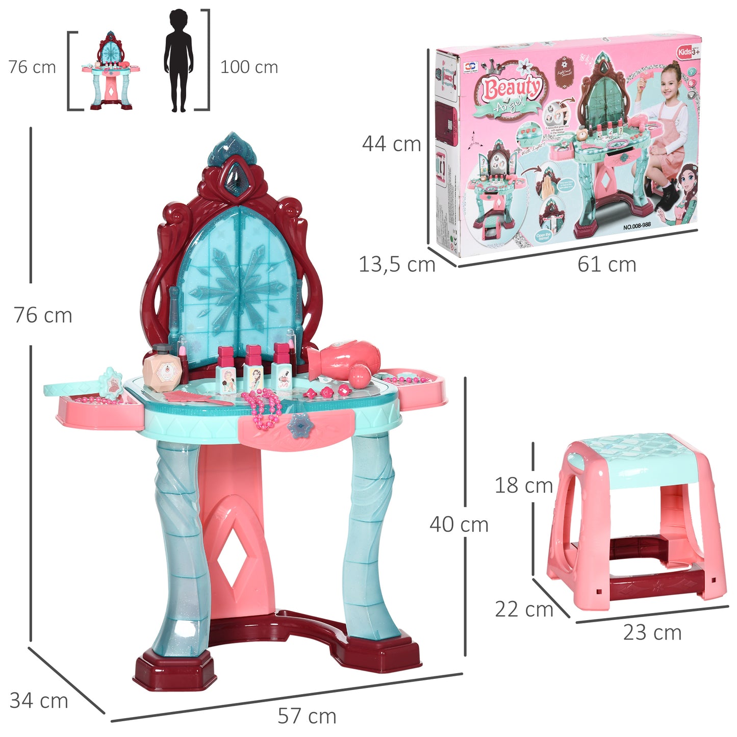 Childrens Vanity Table with Lights, Kids Furniture Vanity & Stool Dressing Table, Blue+Pink