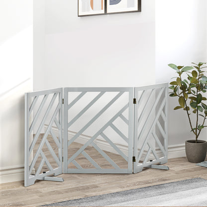 PawHut Dog Gate, Freestanding Pet Gate, Folding Wooden Puppy Fence, Indoor Barrier with 2PCS Support Feet for House Doorway Stairs, Grey