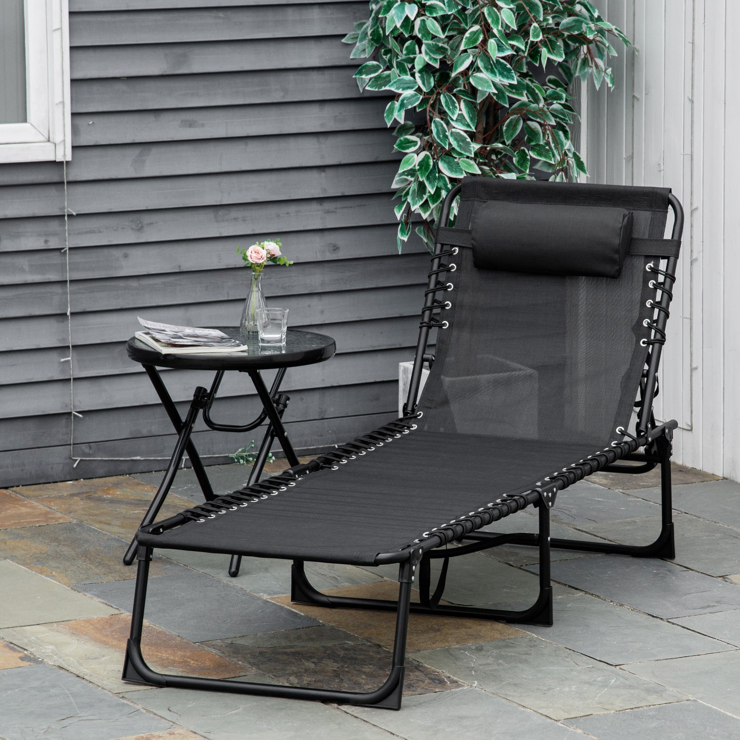 Outsunny Folding Sun Lounger, 3 Positions-Black