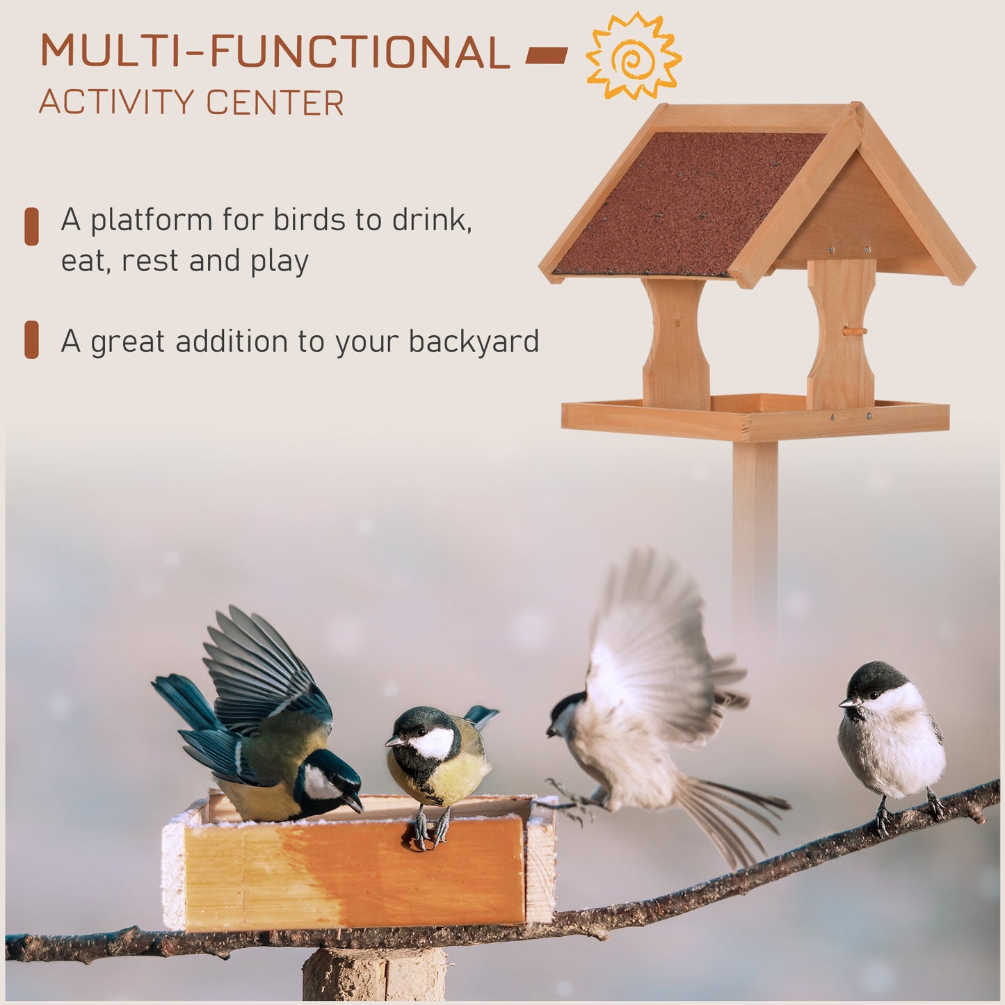 Wooden Bird Feeder Table Freestanding with Weather Resistant Roof Cross-shaped Support Feet