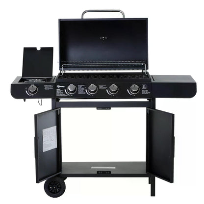 4+1 Gas BBQ Grill with Wheels, Steel-Black