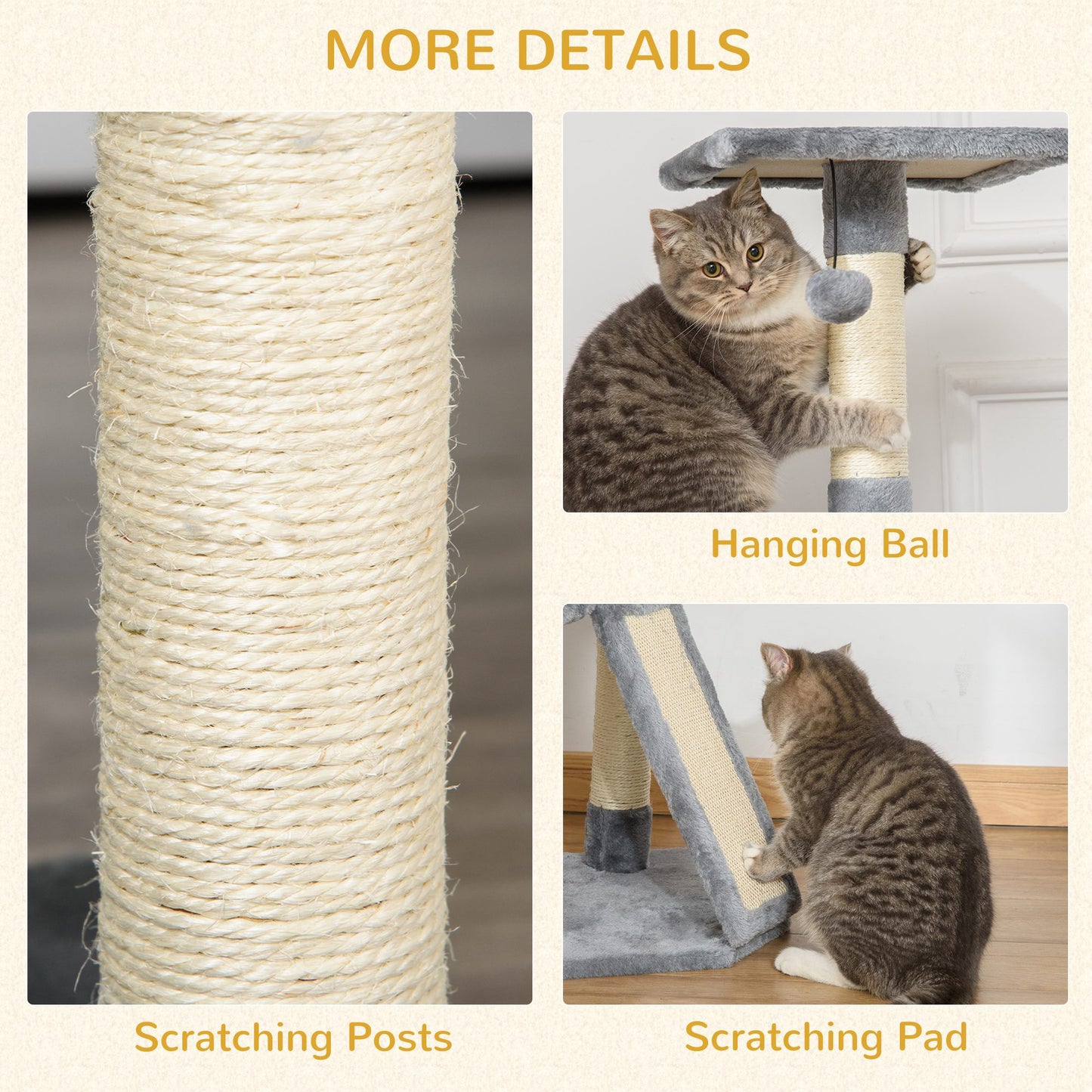 Cat Tower, Cat Stand, Cat Tree for Kitten, w/ Scratching Post, Cat Cando, Hanging Ball, Soft Touch, 98cm Grey