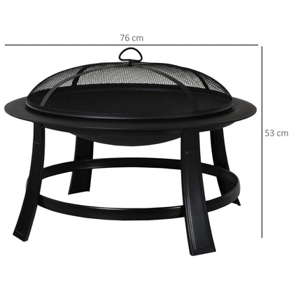 Metal Large Firepit Bowl Outdoor Round Fire Pit w/ Lid, Log Grate, Poker for Backyard, Camping, BBQ, Wood Burning Stove, Black