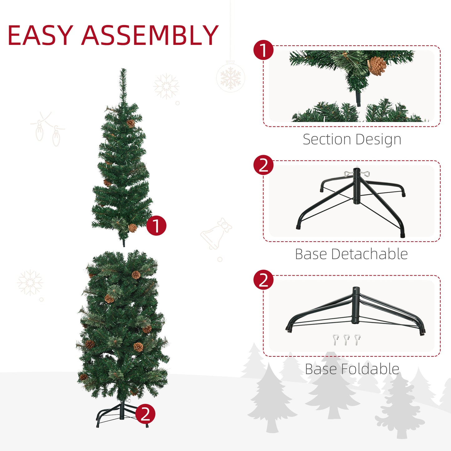 5.5ft Narrow Christmas Tree, Tall Pencil Slim with Realistic Branches, 412 Tip Count and 21 Pine Cones, Pine Needles Tree