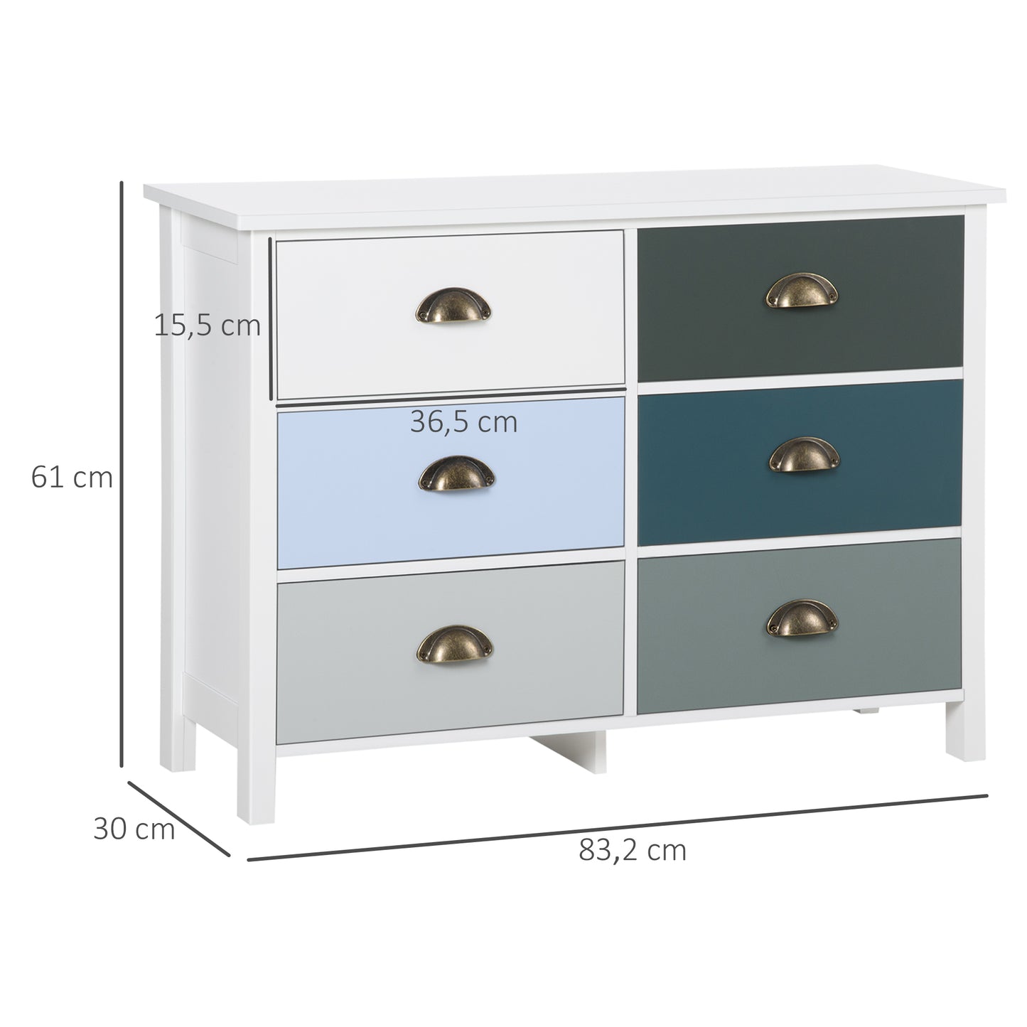 6 Drawer Dresser, Six Diiferent Colours with Metal Handle for Living Room, Bedroom