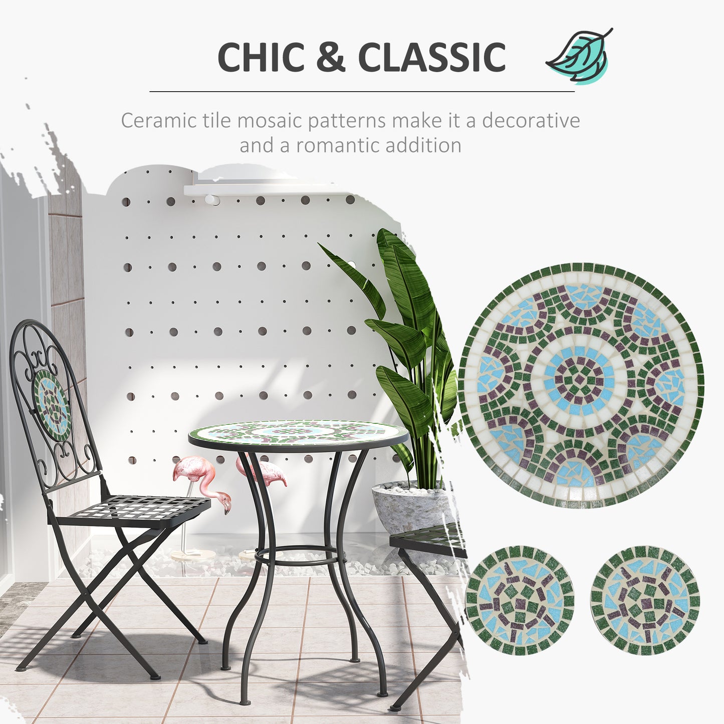 3 Pcs Garden Bistro Set-Mosaic, Metal