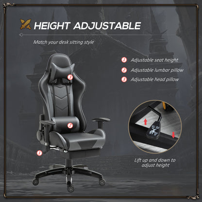 Homcom High-Back Gaming Chair Swivel Home Office Computer Racing Gamer Desk Chair Faux Leather With Footrest, Wheels, Black Grey