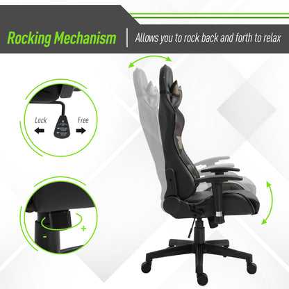 Reclining Gaming Chair, Ergonomic, w/Vibrating Lumbar Support, Headrest, High Back PU Leather , 360° Swivel, Black