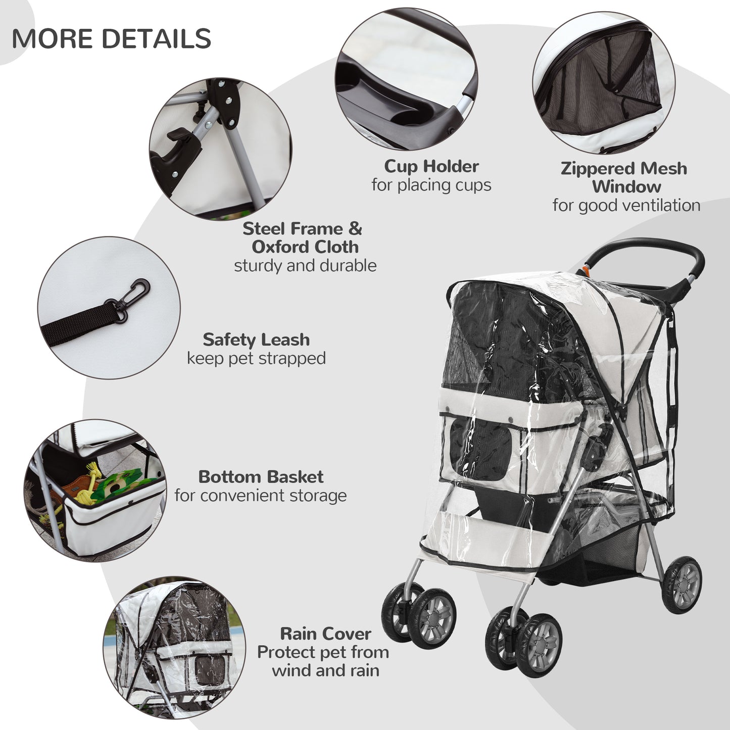 IE Located Pet Stroller for Small Miniature Dogs, Cats, Foldable Travel Carriage with Wheels Zipper Entry, Cup Holder, Grey