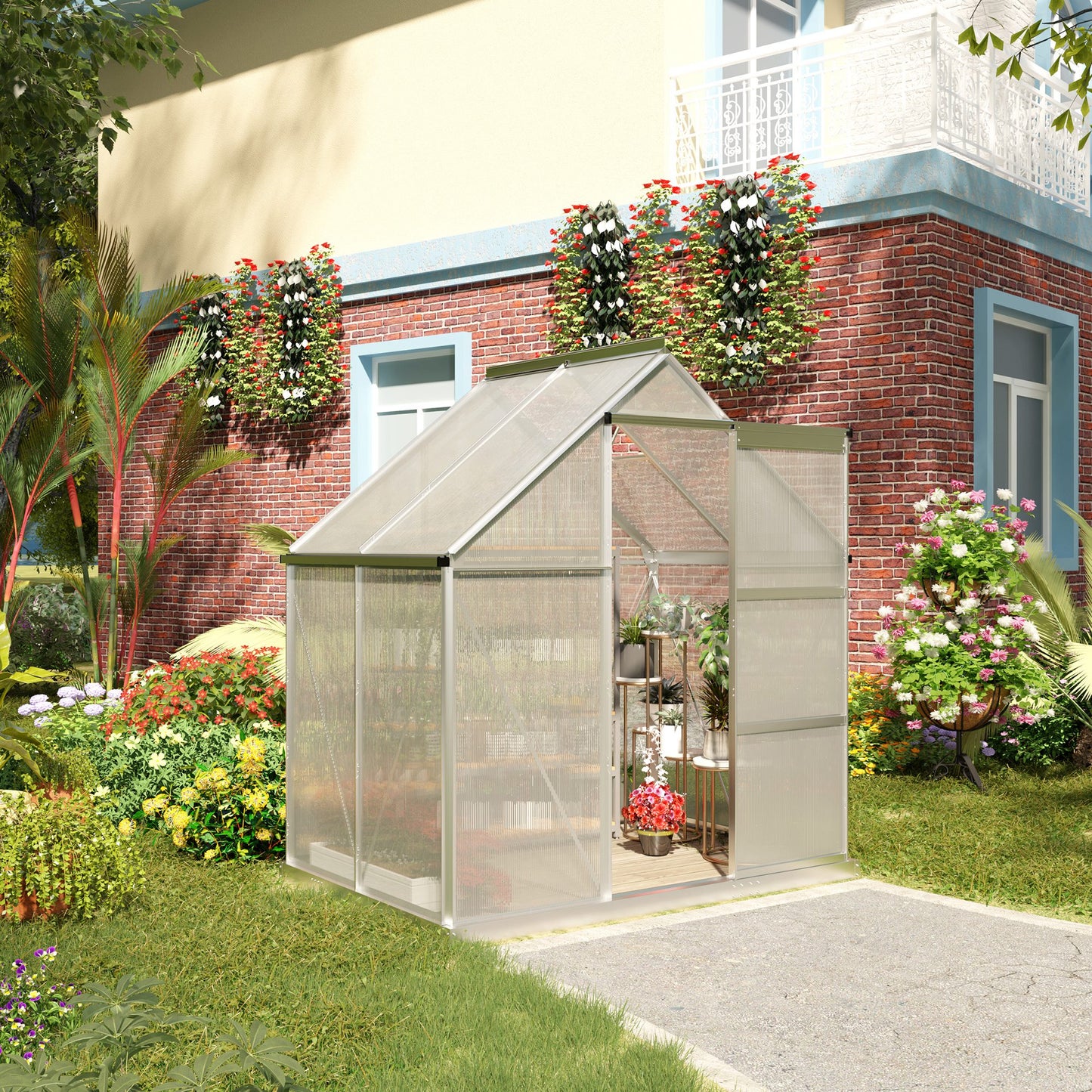 Outsunny Walk-In Greenhouse Polycarbonate Panels Aluminium Frame Sliding Door Adjustable Window Flower Grow House Protection  Aosom IE