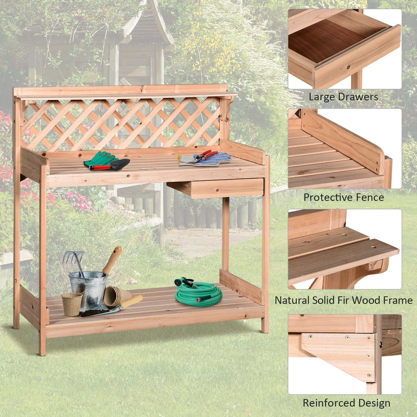 Fir Wood Outdoor Garden Potting Table w/ Drawer