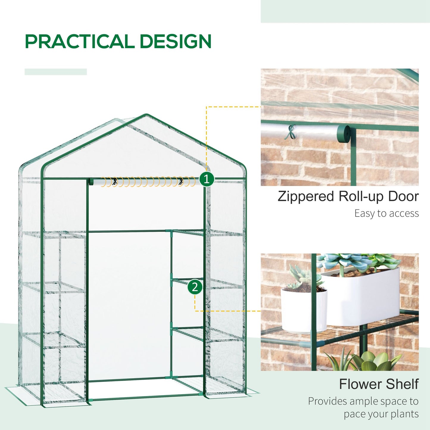 Greenhouse Steel Frame Polytunnel -Deep 143Lx73Wx195H cm Green