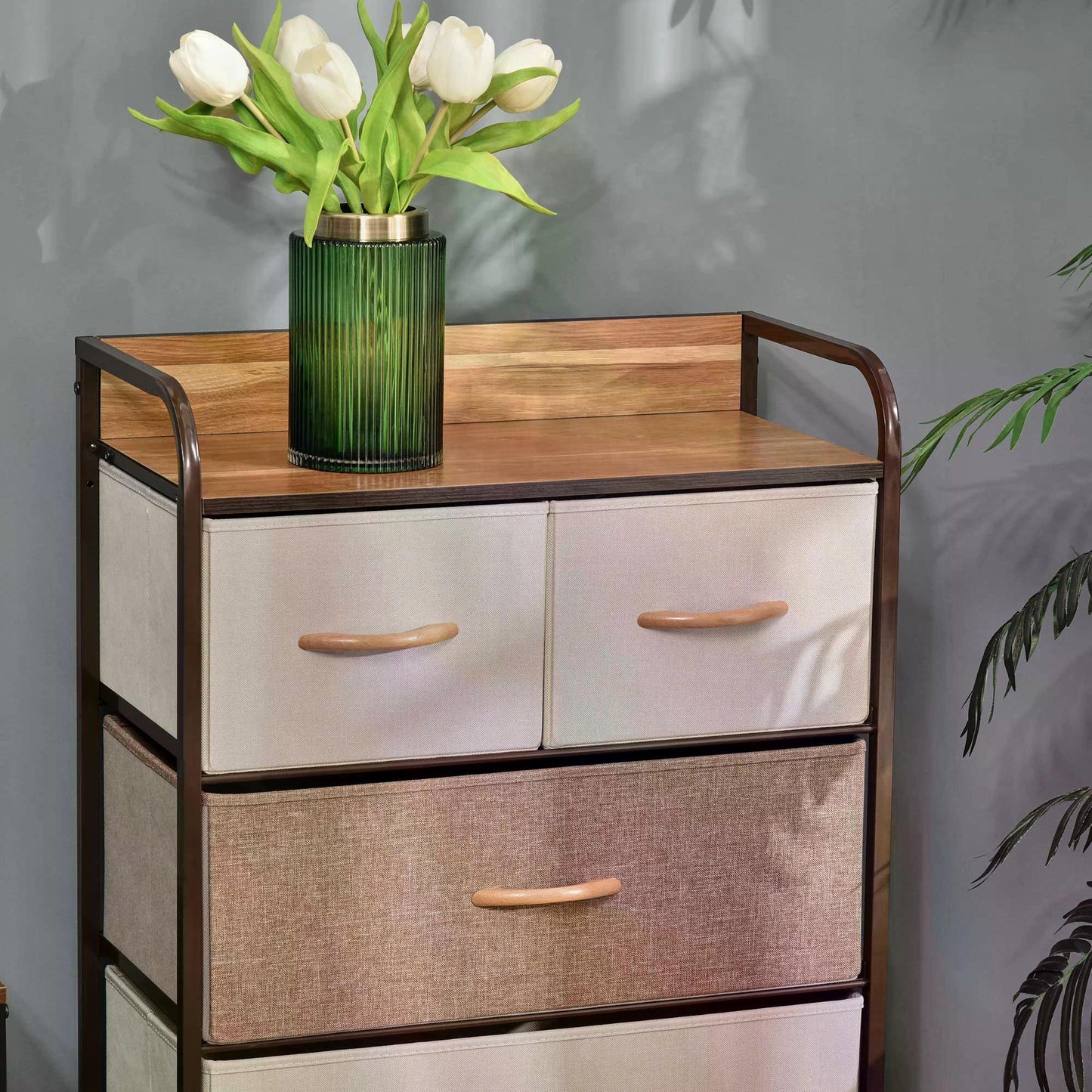 5 Drawer Chest of Drawers Foldable Drawers with Steel Frame Wooden Top for Bedroom Hallway Closets