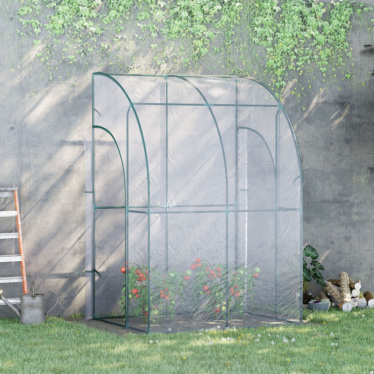 Outsunny Outdoor Walk-In Lean to Wall Tunnel house w/ Zippered Roll Up Door PVC Cover Sloping Top Clear 143cm x 118cm x 212cm 