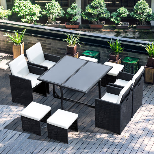 Outsunny Rattan 9 Pcs Dining Set - Black W/Milk White Cushions 