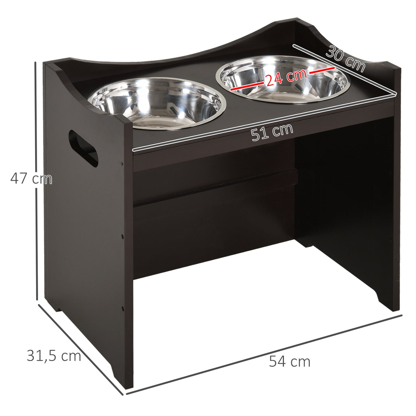 Elevated Duo Pet Feeder w/ 2 Stainless Steel Bowls MDF Frame Adjustable Shelf Handles Raised Dog Cat Food Drink 47x54cm Brown