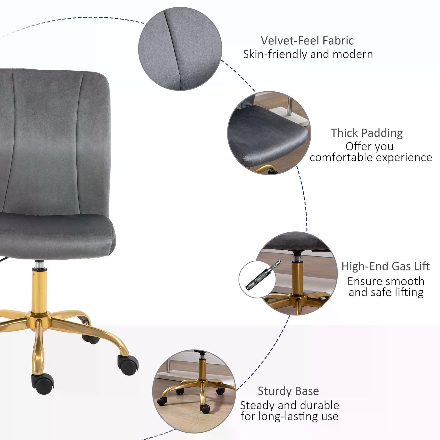 Armless Office Task Chair, w/360° Swivel Office Chair, Height Adjustable