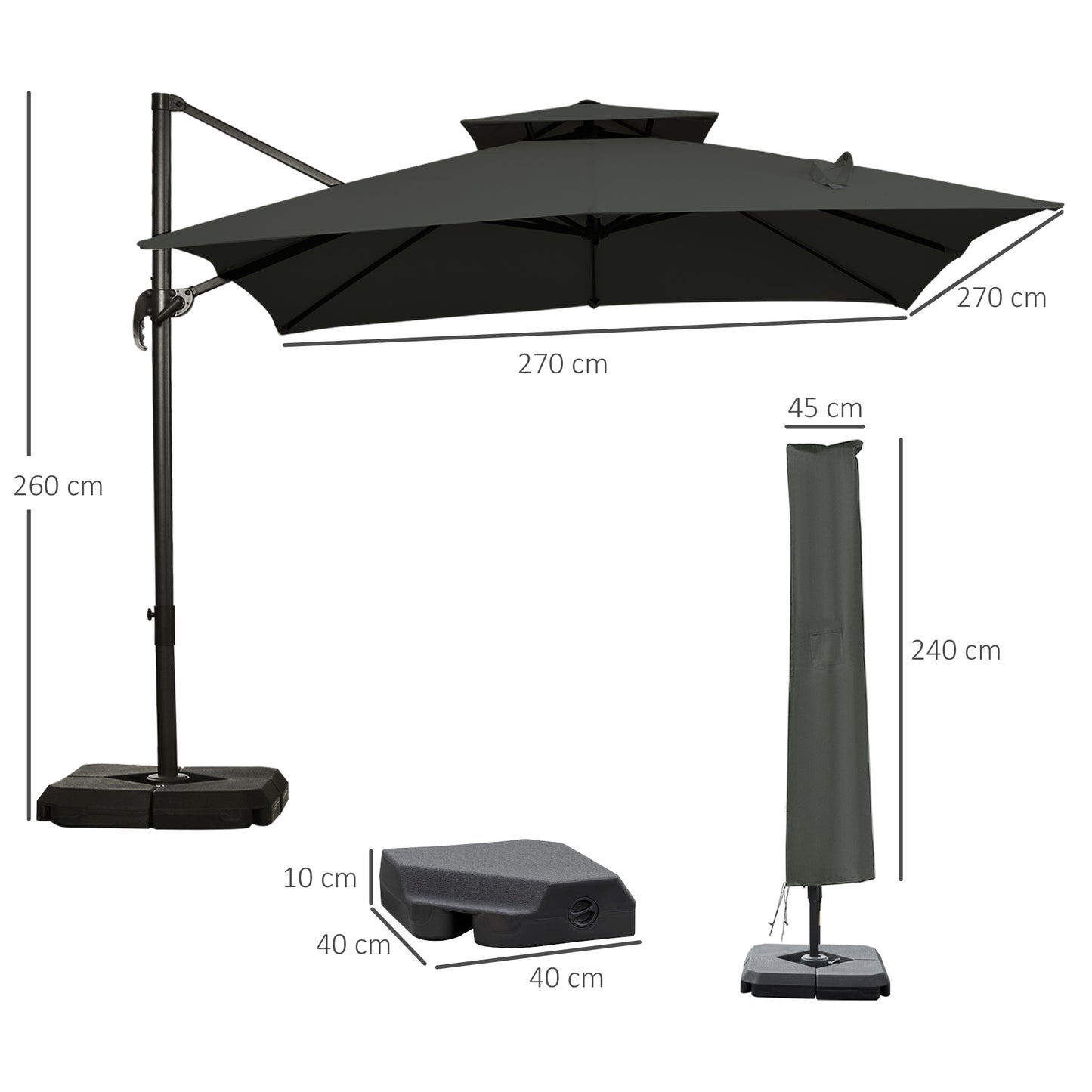 2.7 x 2.7(m) Garden Cantilever Roma Parasol with Aluminum Frame, Crank and Tilt, UV 50+, 360° Rotation, 180g Polyester Sun Shade Canopy