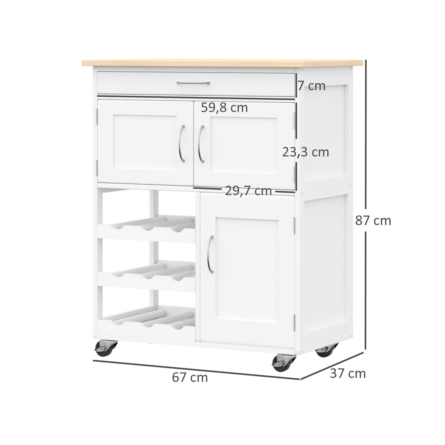 Modern Rolling Kitchen Island Trolley Storage Cart w/ Rubberwood Top Drawer Wine Rack