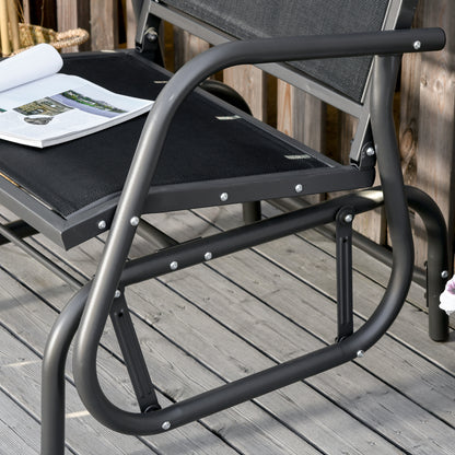 Outdoor Glider Swing Chair with Breathable Mesh Seat and Backrest, Steel Frame, Curved Rocking Arms, Dark Grey and Black