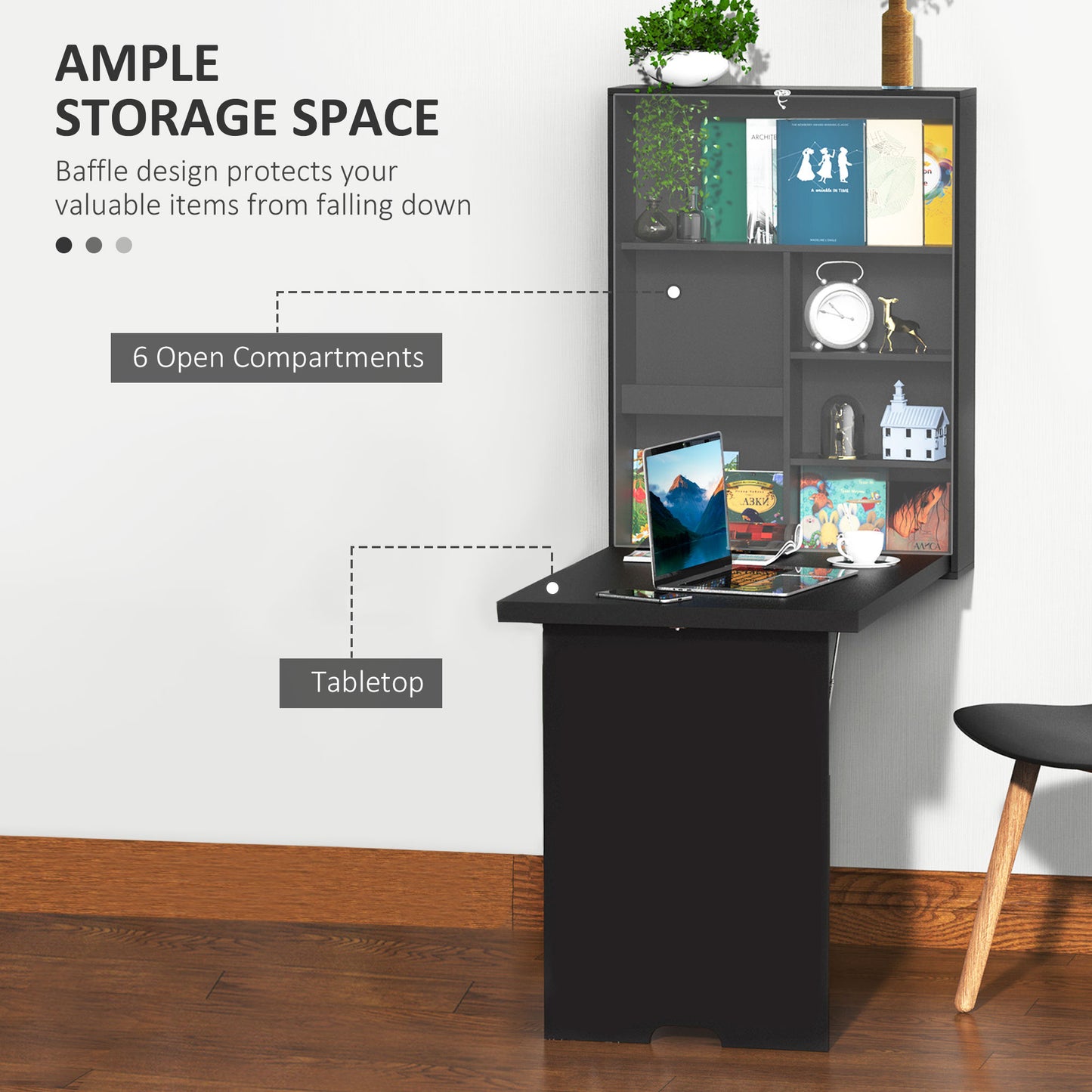 Folding Wall-Mounted Drop-Leaf Table With Chalkboard Shelf Multifunction Black