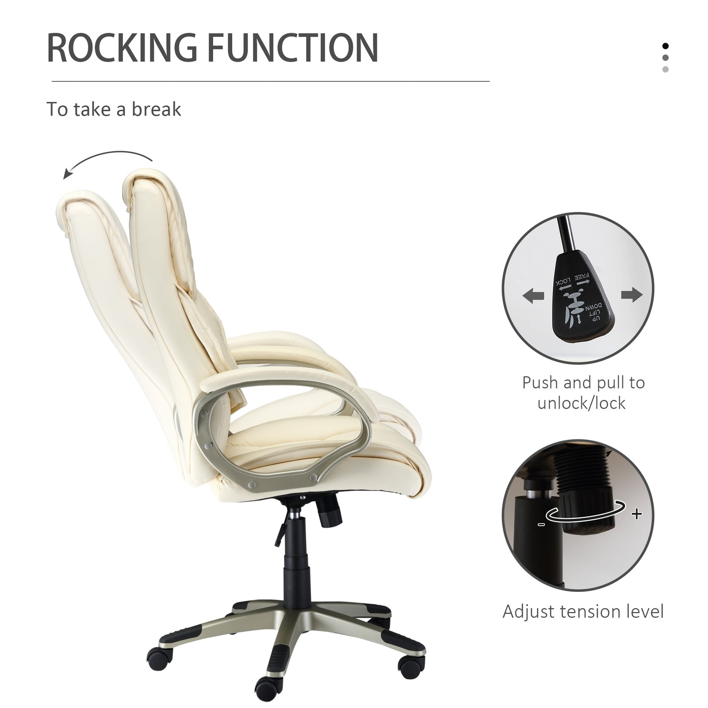 Homcom Cream Office Chair, High Back PU Leather Height Adjustable-W/ Gold Effect,