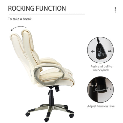 Homcom Cream Office Chair, High Back PU Leather Height Adjustable-W/ Gold Effect,