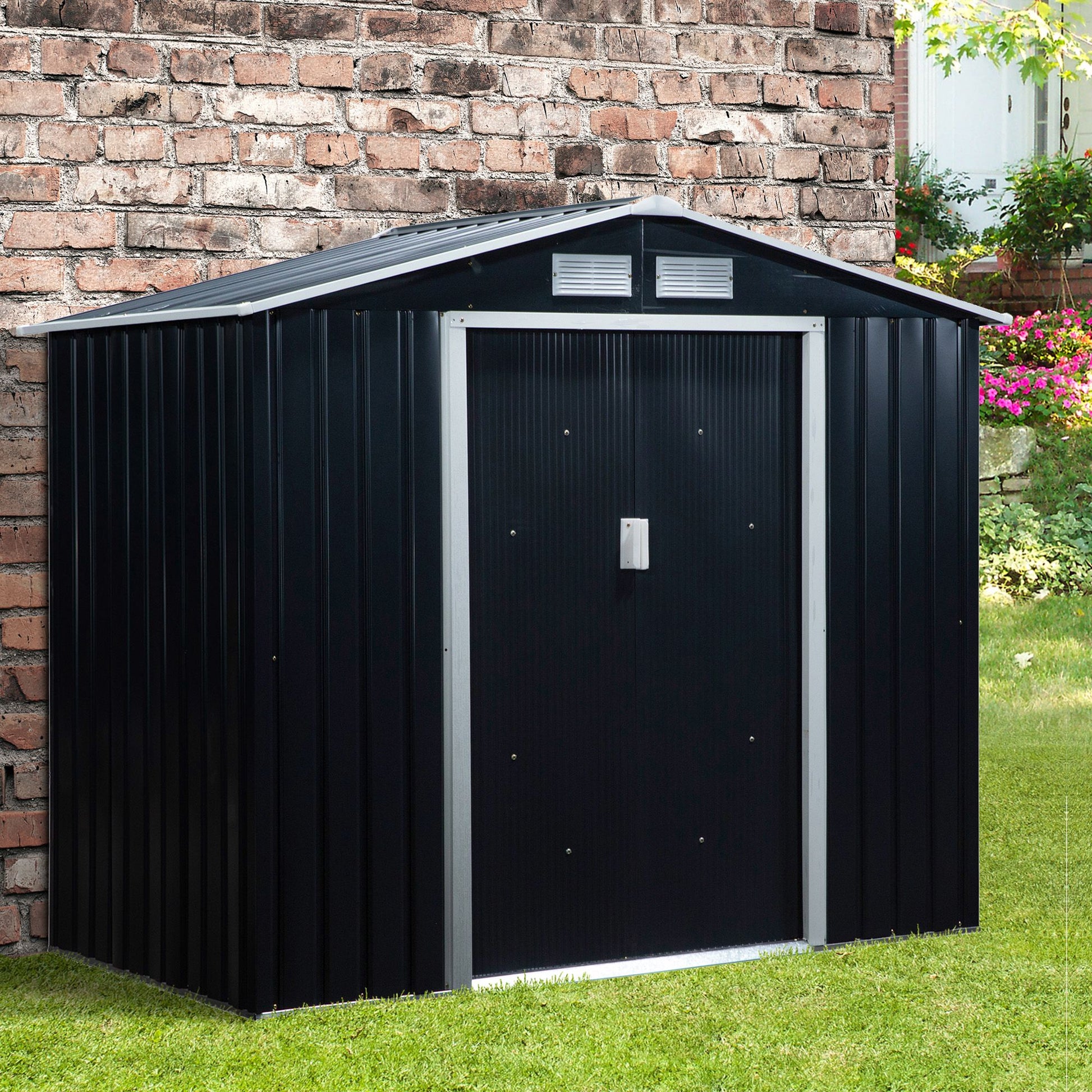 Outsunny Outdoor Storage Shed, 7ft x 4ft, Large Patio Roofed Tool Metal Storage Building Foundation Sheds Box Outdoor Furniture 