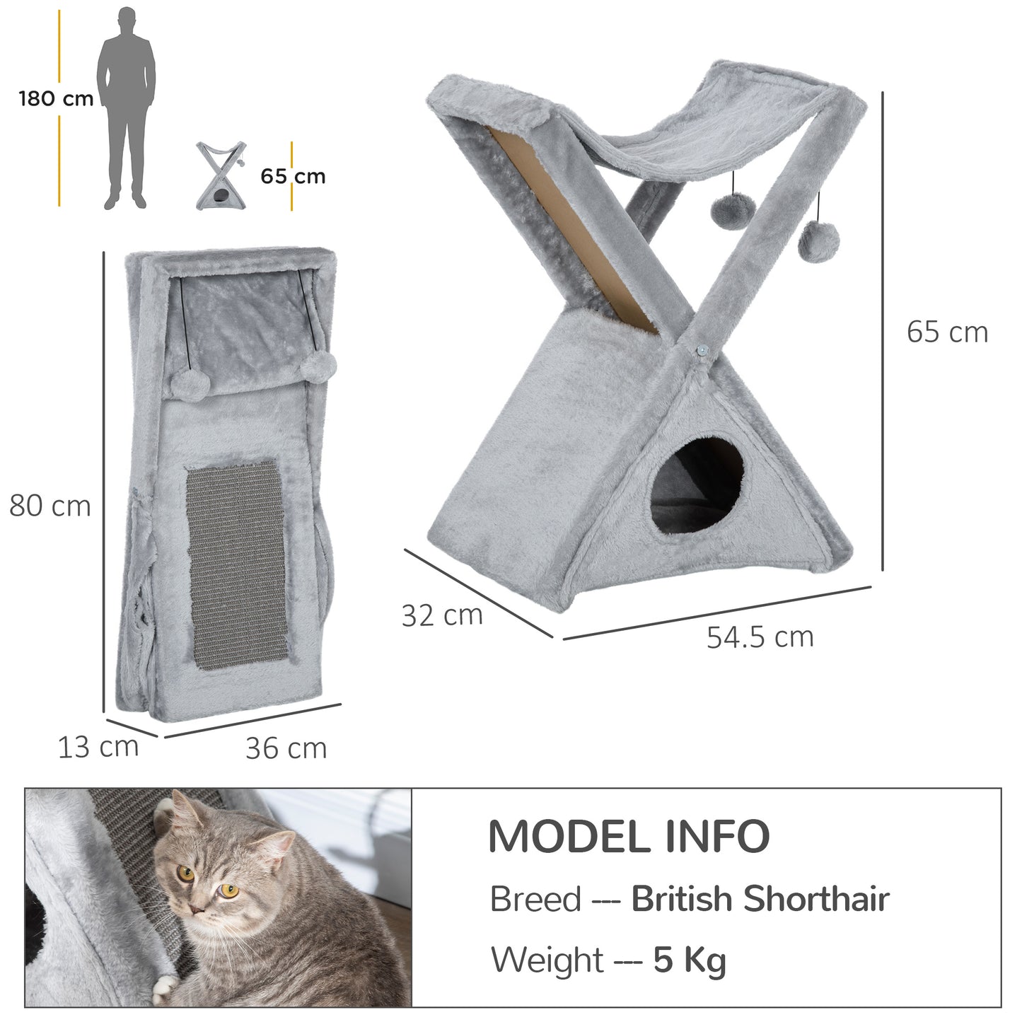 Cat Scratching Tree, 65cm, Foldable, for Kitten, w/Hammock Bed, 2 Haning Balls, Grey