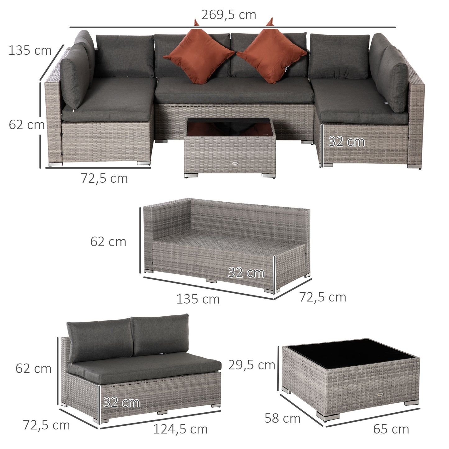 Garden Rattan Furniture 6-Seater PE Rattan Sofa Set, Outdoor All Weather Conservatory Furniture, w/ Tempered Glass Coffee Table, Deep Grey