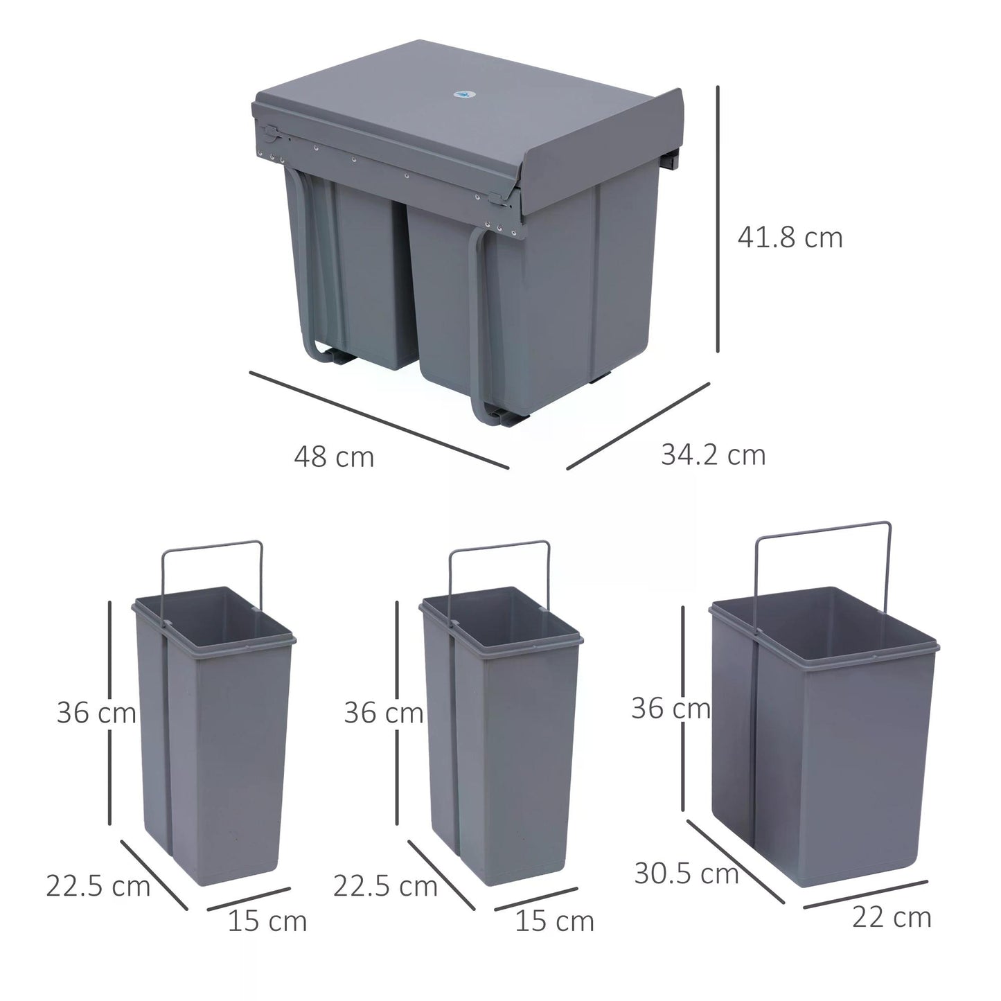 Kitchen Cupboard Bin Recycle Waste Bin Pull Out 48x34.2x41.8 cm-Grey