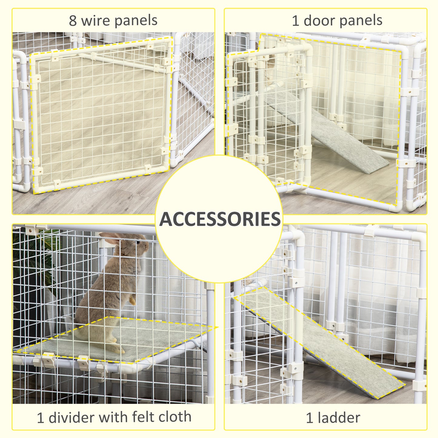 DIY Rabbit Hutch, 9PCs Guinea Pig Hutch, Large Bunny Cage with Door, Ladder, Divider for Small Animals