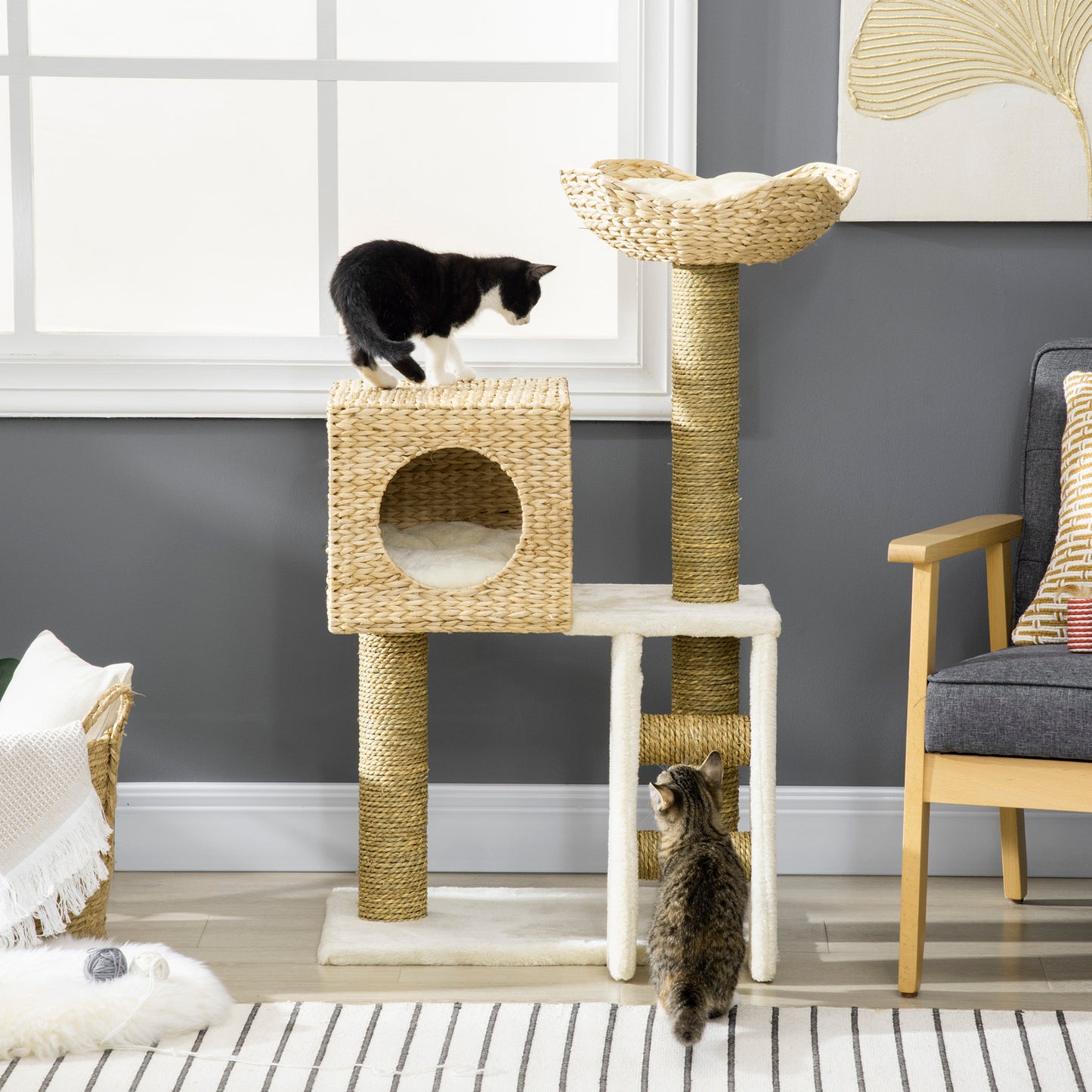 PawHut Cat Tower with Cat House Scratching Post Cat Ladder for Kitten Washable Cushion Activity Center Natural 