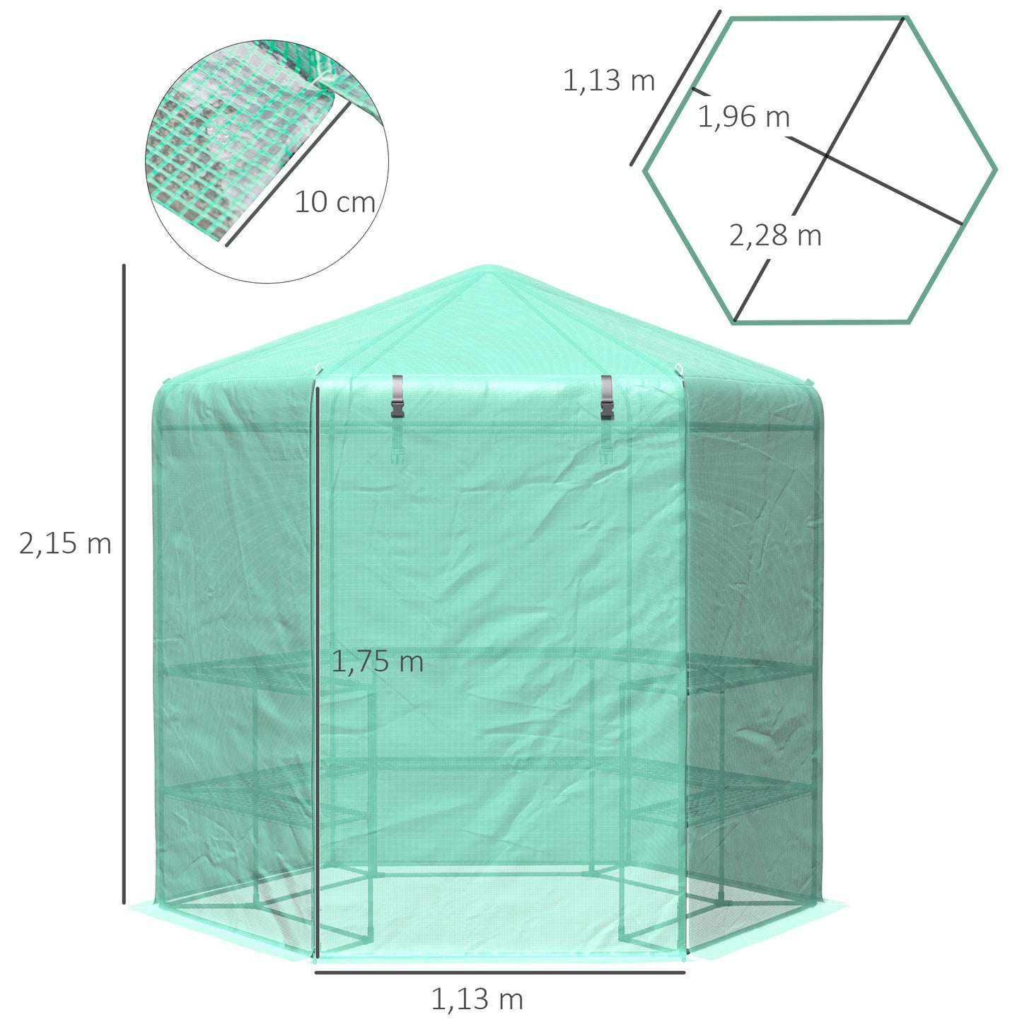 Hexagon Walk In Greenhouse PE Planter Flower Growth with Zipped Door 194 x 225H cm Walk-in Zipper Steel