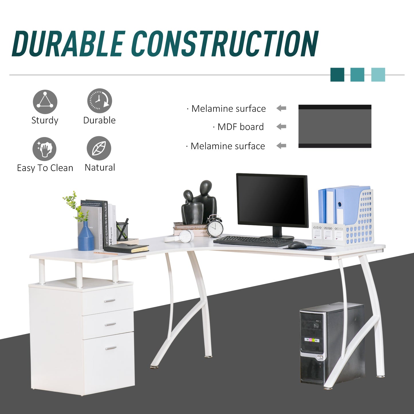 L-Shaped Office Desk w/ Storage Drawer Home Office Corner Industrial Style Workstation, White