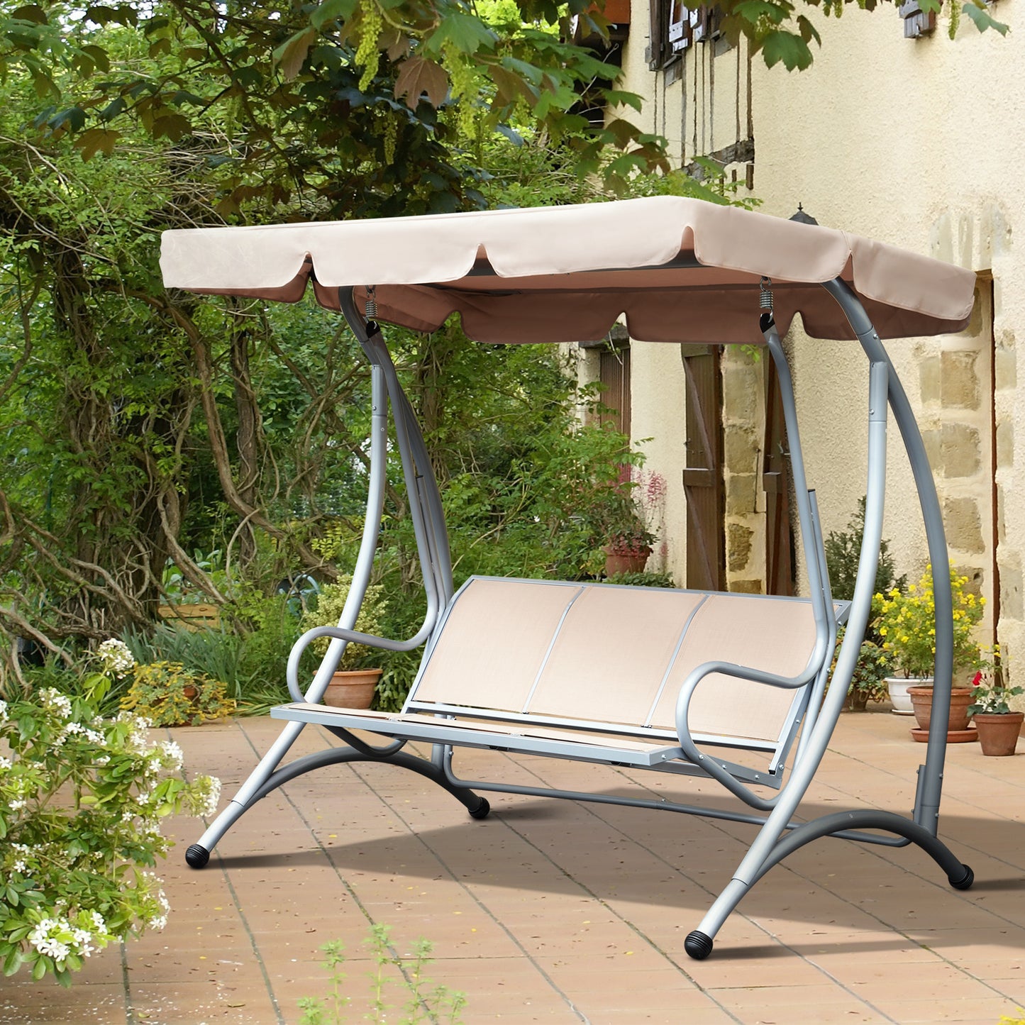 Outsunny Garden Swing Chair Patio Hammock 3 Seater Seat Bench Adjustable Canopy Beige