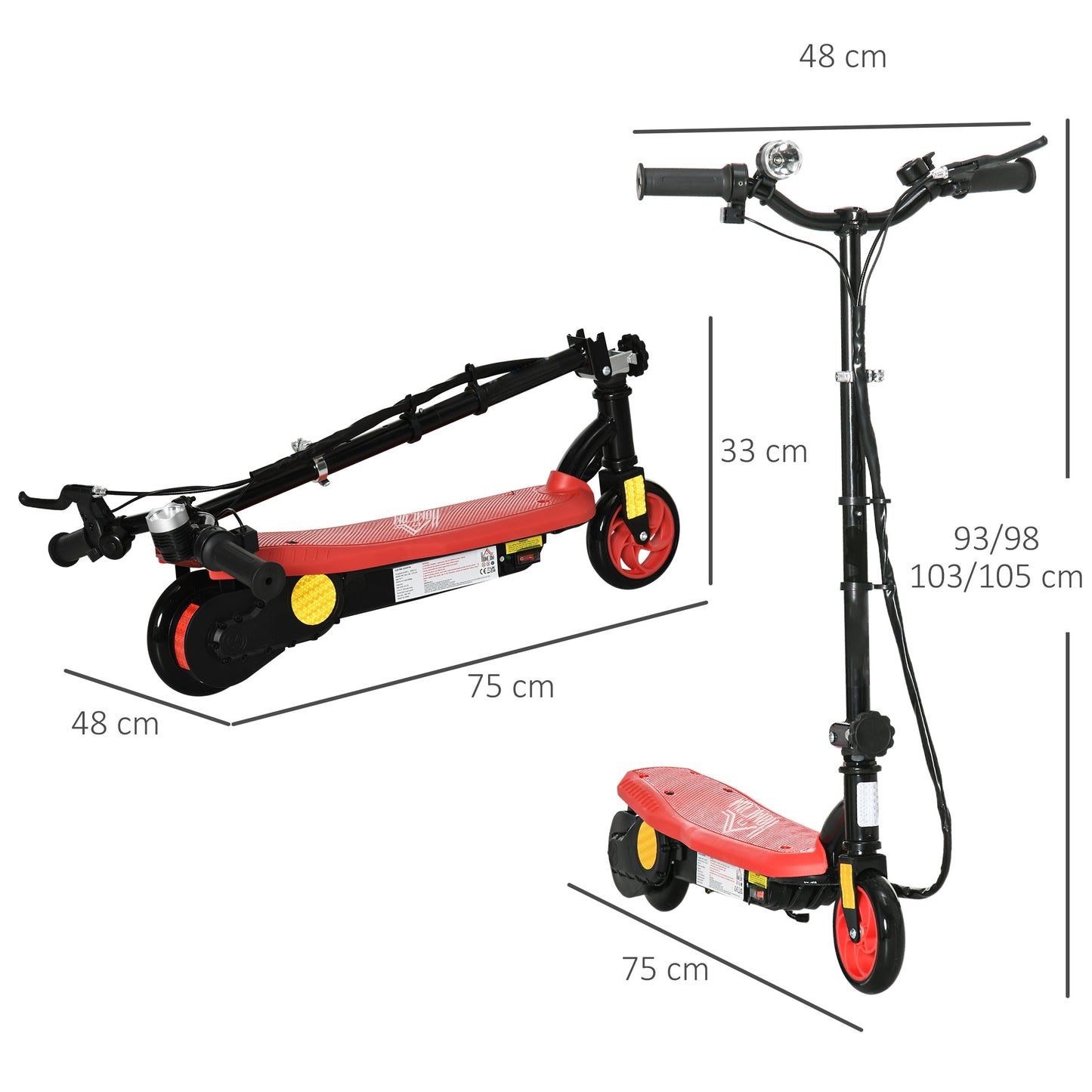 Foldable Childrens Electric Scooter, Red, with LED Headlight, for Ages 7-14 Years