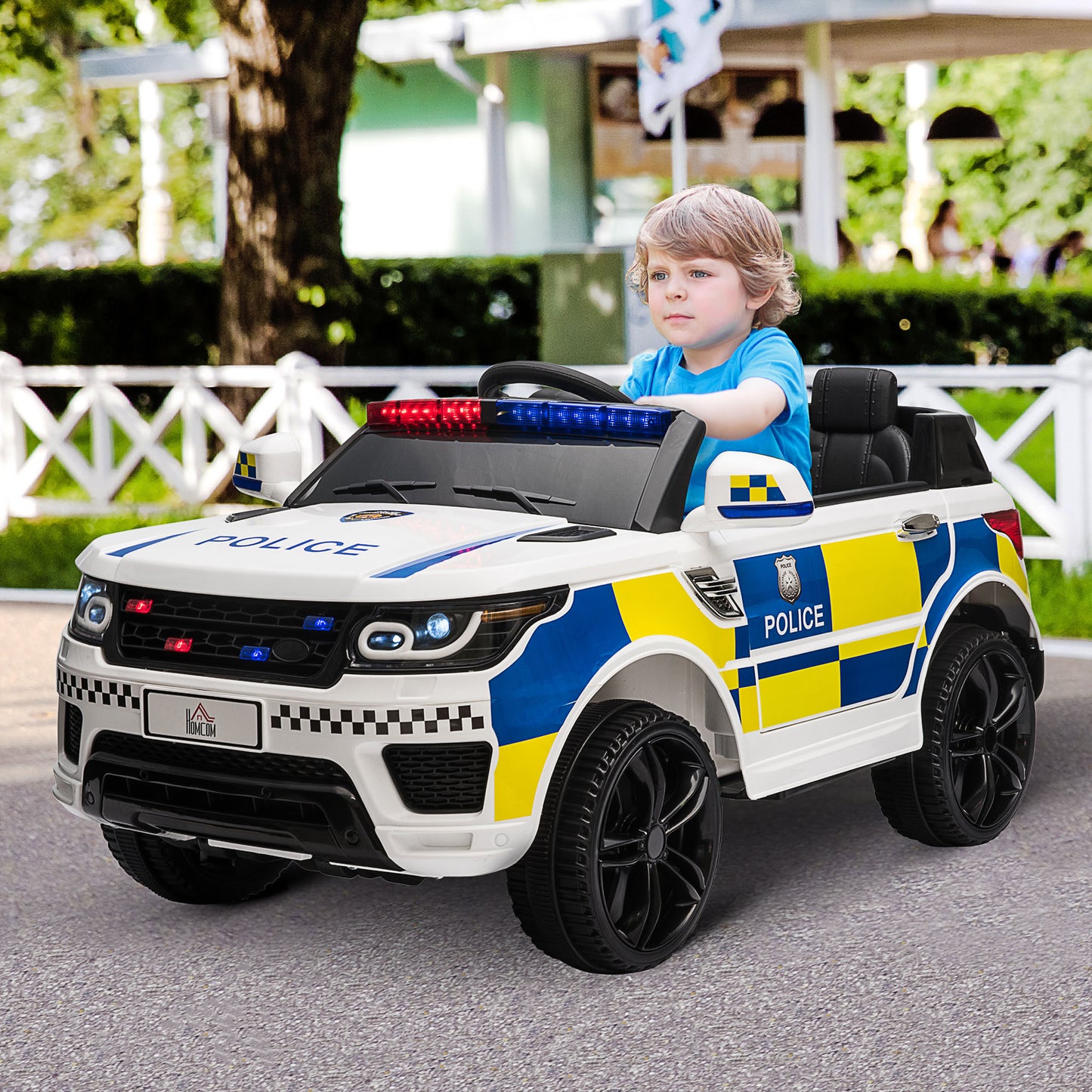 HOMCOM 12V Kids Portable Electric Ride On Police Car with Parental Remote Control Siren Flashing Lights USB Bluetooth White 