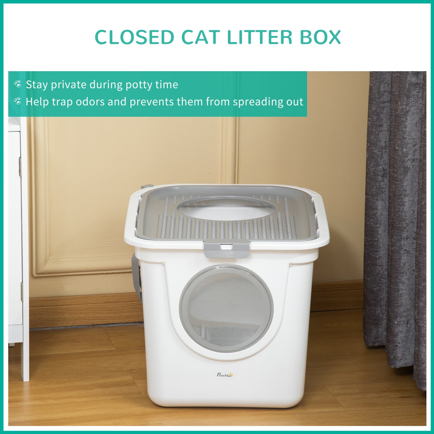 Litter Box for Cats, Cat Litter Box, Pet Toilet Enclosed w/ Front Entrance Top exit Scoop, White