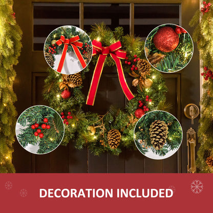 Christmas Door Wreath with Lights, Artificial Holly Garland Decor Pine Cones 20 LED Lights 60cm