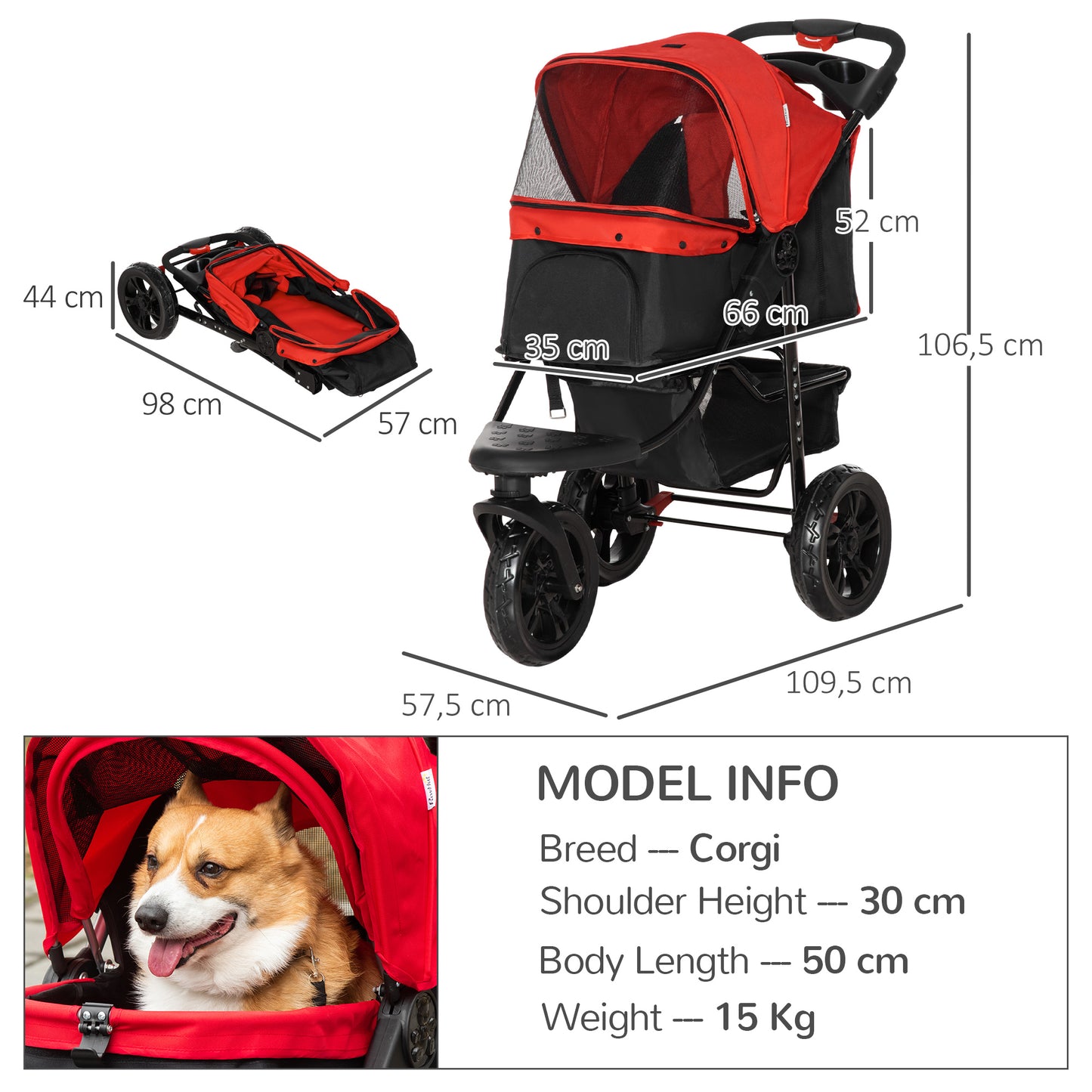 Folding Pet Stroller 3 Wheel Dog Jogger Travel Carrier Adjustable Canopy Storage Brake Mesh Window for Small Medium Dog Cat Red