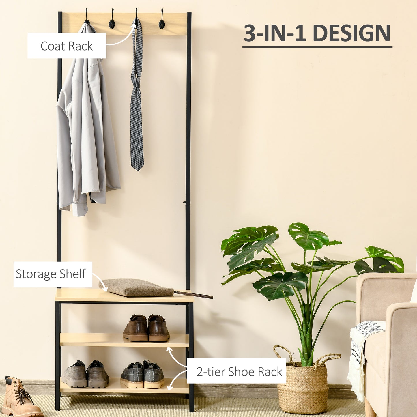 MDF Freestanding 4 Hook Hallway Rack Black