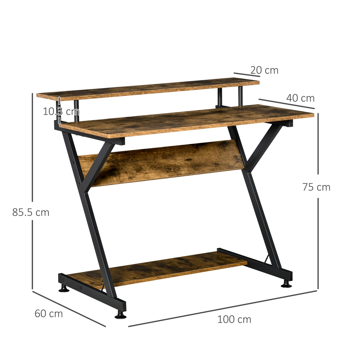 Compact Computer Table, Z Shape Desk with Monitor Shelf and Storage for Home Office, 100cm, Brown