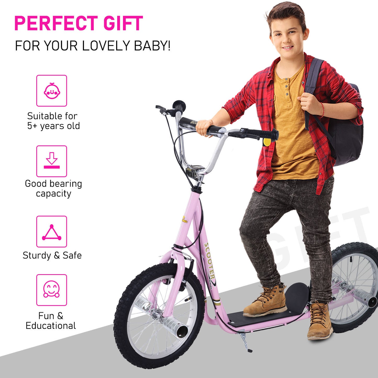 Big Wheel Scooter, Bicycle Scooter, for Kids, Hight Adjustable, Pneumatic 16" Tyres, Max Load 100KG,  Pink