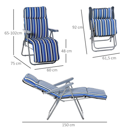 Set of 2 Garden Sun Lounger Outdoor Reclining Seat Cushioned Seat Foldable Adjustable Recliner Blue and White