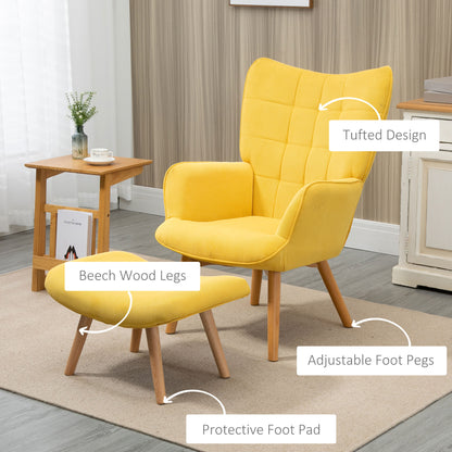 Accent Chair with Ottoman, Living Room Chairs with Steel Frame, Wooden Legs for Study, Bedroom and Home Office, Yellow