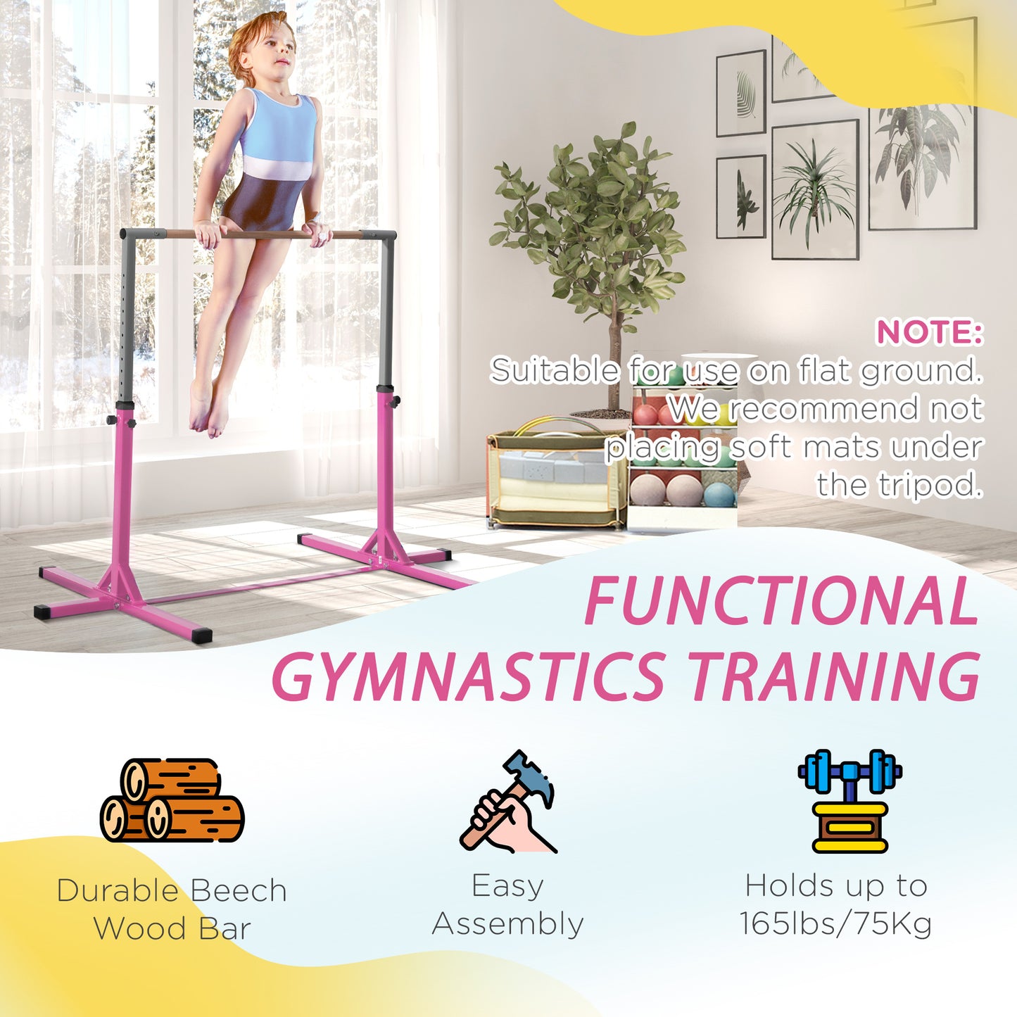 Height Adjustable Gymnastics Horizontal Bar For Kids Home Gym Training Children Junior Kip High Bar Fitness Pink