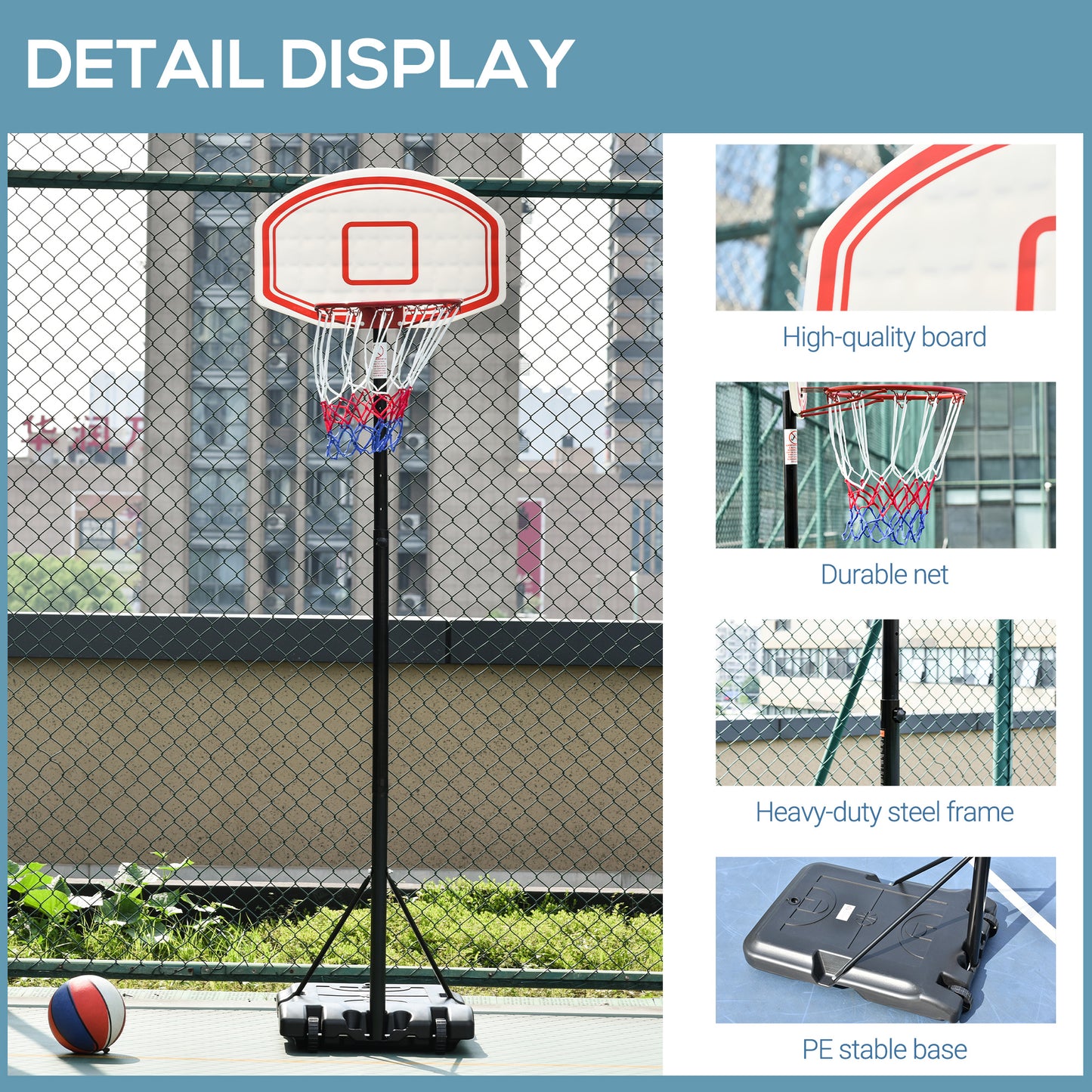 Basketball Hoop and Stand, Portable. 175-215cm Adjustable Height Sturdy Rim Hoop w/ Large Wheels Stable Base Net Free Standing